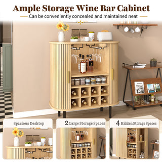 Fluted Wine Bar Cabinet With 8 Grid Wine Rack, 5 Level Adjustable Shelves, 2 Glass Holders