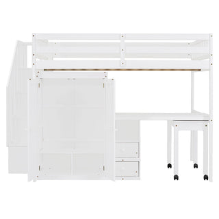 Loft Bed With Stairs, Bookshelf, Drawers, Desk & Wardrobe, Space Saving Multifunctional Furniture