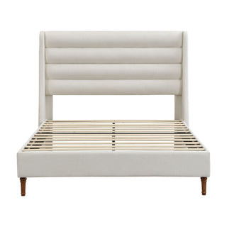 Modern Upholstered Platform Bed With Wave Shaped Headboard
