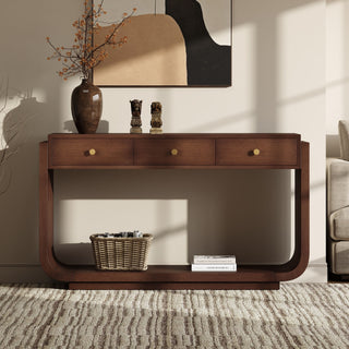Console Table With 3 Drawers, Display Shelf, Curved Legs - Walnut