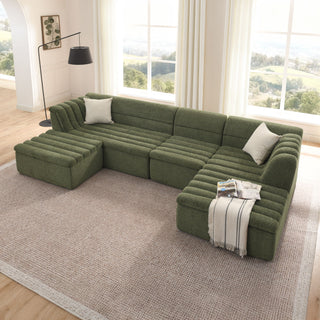 U-Shaped Modular Sectional Sofa With Chaise And Movable Ottoman With Wave-Shaped Armrest