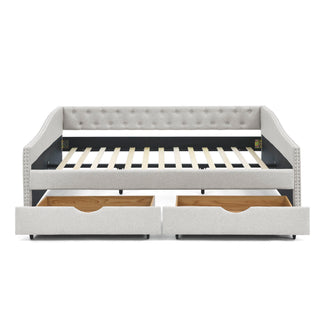 Upholstered Tufted Daybed With 2 Drawers, Waved Arms