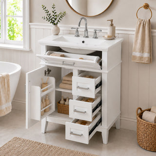 Modern Bathroom Vanity With Sink, Flip Drawer & 3 Drawers, Soft Close Hinges, Adjustable Shelf