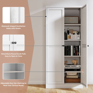 Kitchen Pantry Cabinet Adjustable Storage With 4 Shelves, Heavy Duty Freestanding Pantry Organizer - White