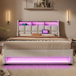 Platform Bed With Hydraulic Storage, LED Lighting & Charging Station