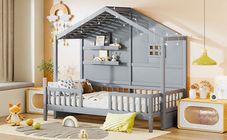 House Bed With Shelves, Window And Sparkling Light Strip On The Roof