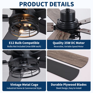 Ceiling Fan With Light, Dual‑Sided Matte Black & Wood Grain Blades - Black