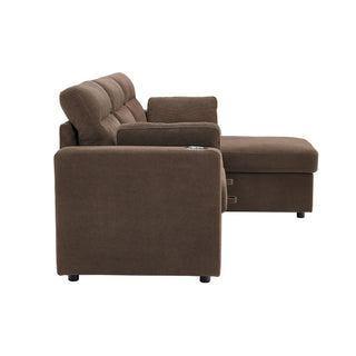 Convertible L - Shaped Sectional Sofa Bed With Storage Chaise, Cup Holders