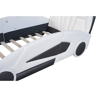 Race Car Shaped Twin Platform Bed With Wheels, Pine Wood Construction