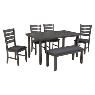 Dining Set For 6, Upholstered Chairs, Includes Table, 4 Chairs, And 2 Person Bench - Gray
