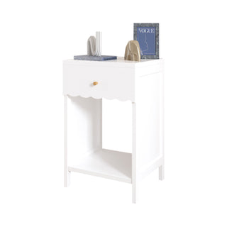 Nightstand With Drawer And Open Shelf, Scalloped Edge Bedside Table