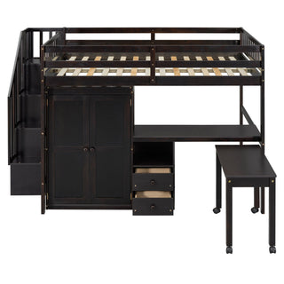 Loft Bed With Stairs, Bookshelf, Drawers, Desk & Wardrobe, Space Saving Multifunctional Furniture