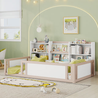 Platform Floor Bed With Guardrail Fence And Side Storage Shelves
