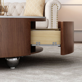 Round Coffee Table With 2 Drawers For Living Room - Walnut Brown / White / Multi