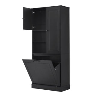Modern Tall Storage Cabinet With Adjustable Shelves, Flip-Out Basket & Enclosed Doors