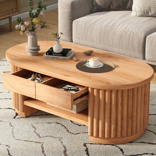 Fluted Oval Coffee Table With Drawers, 2 Tier Cocktail Table