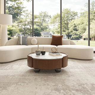 Round Coffee Table With Ball Feet, Dual Storage Drawers For Living Room - Walnut Brown