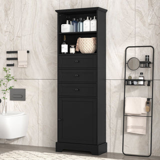Tall Storage Cabinet With 3 Drawers And Adjustable Shelves For Bathroom
