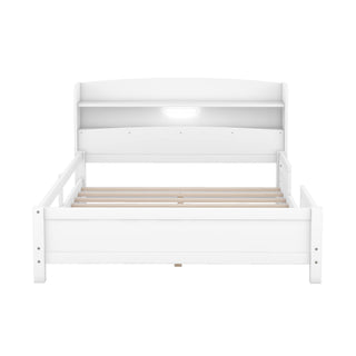Wood Platform Bed With Built In LED Light, Storage Headboard And Guardrail