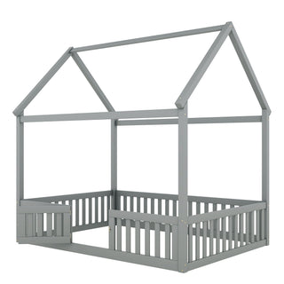 Wood House Bed With Fence And Door