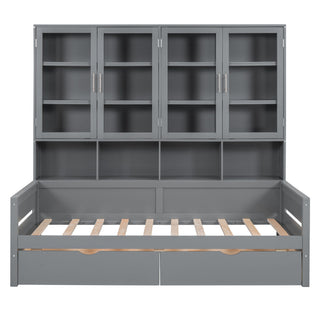 Daybed With Glass Door Storage Cabinets, Built In LED Lighting And Shelves