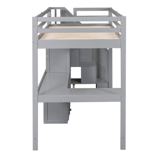 Loft Bed With L Shaped Desk, Drawers, Cabinet, And Storage Staircase
