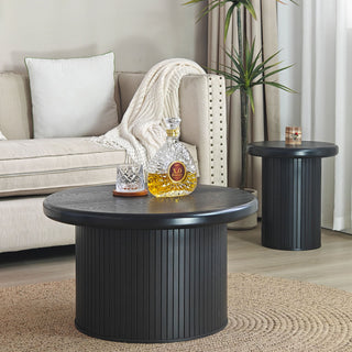 Fluted Cylinder Side Tables, Round End Tables For Living Room (Set of 2) - Black