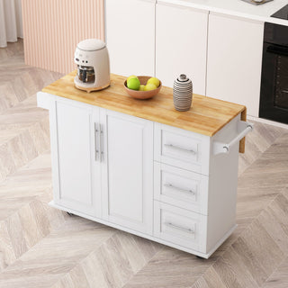 Kitchen Island Cart With 2 Door Cabinet, 3 Drawers, Spice Rack & Towel Rack - White