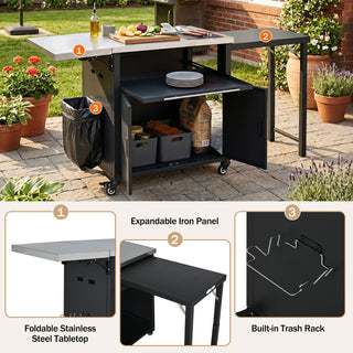 Foldable Outdoor Prep Station BBQ Cart With Trash Rack
