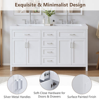 59.1" Minimalist Double Sink Bathroom Vanity With Top, Soft Close Doors & Drawers - White