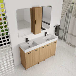 Double Sink Bathroom Vanity Set With Tall Linen Cabinet, Extra Large Storage, Integrated Sink, Freestanding Cabinet - Light Oak / White