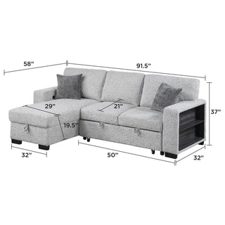 Buzz - Reversible Sleeper Sectional Sofa With Storage Chaise, Console Arm, USB Charging & Cup Holders - Gray