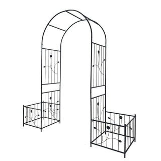 Metal Garden Arch With Two Plant Stands Wide High Climbing Plants Support Rose Arch Outdoor - Black