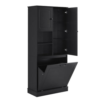Modern Tall Storage Cabinet With Adjustable Shelves, Flip-Out Basket & Enclosed Doors