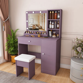 Vanity Desk Set With Padded Stool And Adjustable LED Mirror, 3 Color Light Modes - Purple