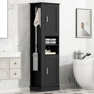 Tall Freestanding Bathroom Storage Cabinet With Adjustable Shelves And Side Hooks Board, Rectangle Design