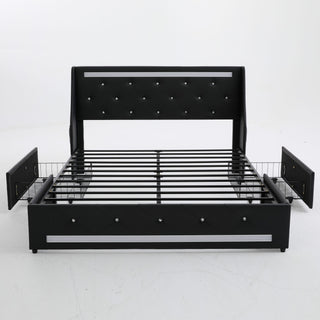 Wingback Upholstered Bed Frame With LED Lights, Charging Station