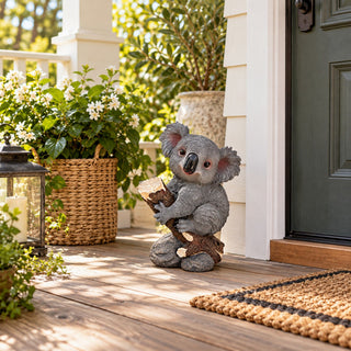 Koala Garden Statue Hand Painted Animal Sculpture With Log For Patio Home Decor - Dark Gray