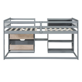 Low Loft Bed With Rolling Desk, Shelf And Drawers