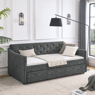 Twin Upholstered Daybed With Trundle, Waved Arms - Gray