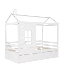 Twin Size Classic House Bed With Twin Size Trundle - White
