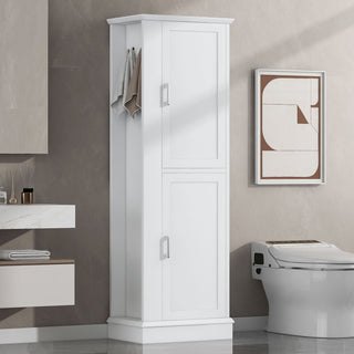 Tall Freestanding Bathroom Storage Cabinet With Adjustable Shelves And Side Hooks