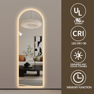 LED Full Length Wall Mirror With Symmetrical Arch Design, Dimmable 3 Color Temperature Lighting - Silver