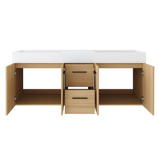 Floating Double Sink Bathroom Vanity With Drawers And Doors, Extra Large Storage, Integrated Sink, Soft Close Hardware - Glossy White / Light Oak