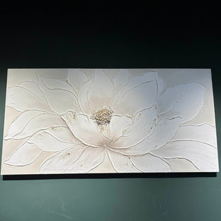 Lotus Flower Canvas Wall Art, Hand Painted Textured Floral Painting - Antique White