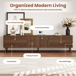 Fluted TV Stand With Storage Drawers And Cabinets For TVs Up To 80", Soft-Close Hinges, Cable Management - Walnut