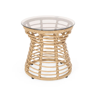 San Pedro - Boho Style Side Table With Tempered Glass Top - Light Brown Rattan