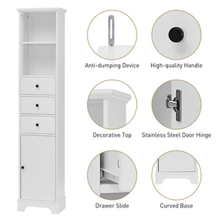 Tall Storage Cabinet With 3 Drawers And Adjustable Shelves For Bathroom