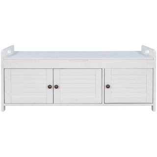 Storage Bench With 3 Shutter-Shaped Doors, Shoe Bench With Removable Cushion And Hidden Storage Space