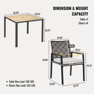 5 Piece Patio Dining Table Set, Acacia Wood Table Top With Umbrella Hole